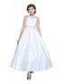 Little Girls White Satin Rhinestone Neckline Waist Band Flower Girl Dress 4-6 - SophiasStyle.com